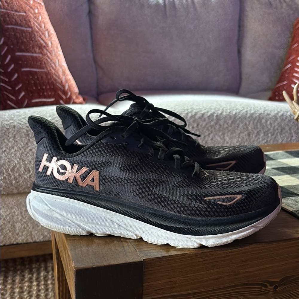 HOKA Women’s Black Running Shoes with Rose Gold Accents